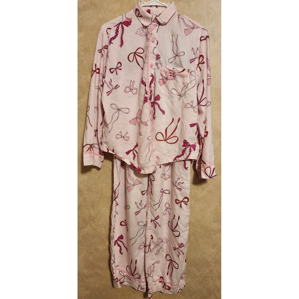 Victoria's Secret PINK Pajama Set Small Pink Red Bow Print Velvet Trim 2 Piece